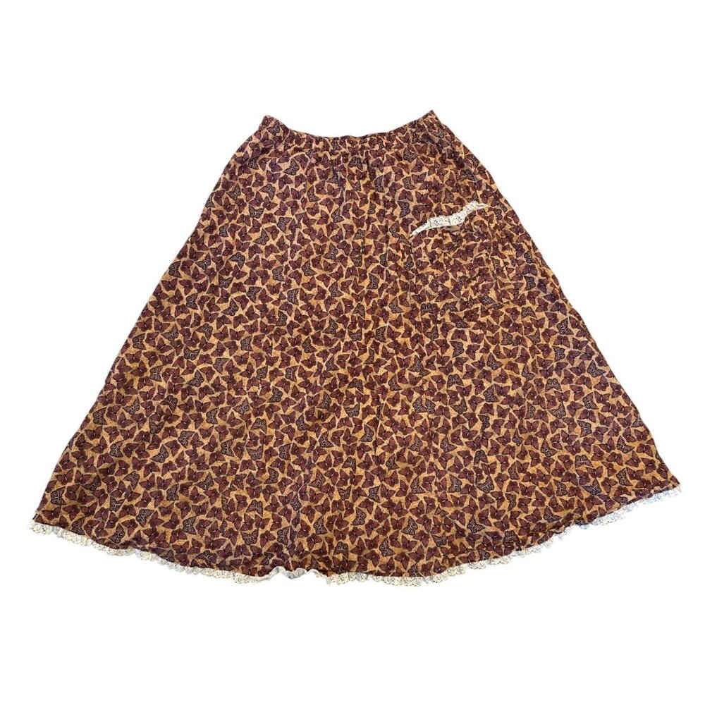 Handmade Butterfly Print Midi Skirt - Lace Trim Pocket - Cottagecore Boho Skirt